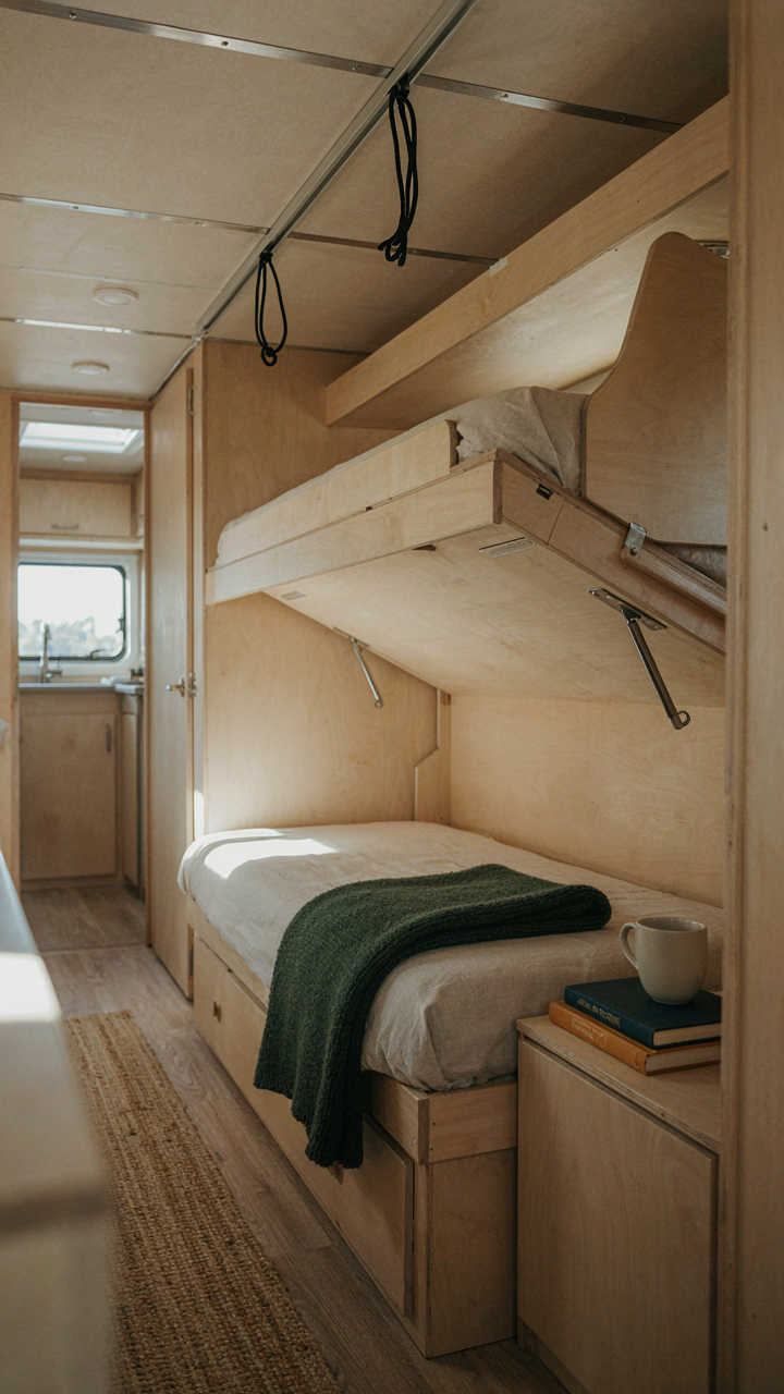 An RV interior with a custom, unconventional bunk bed setup.