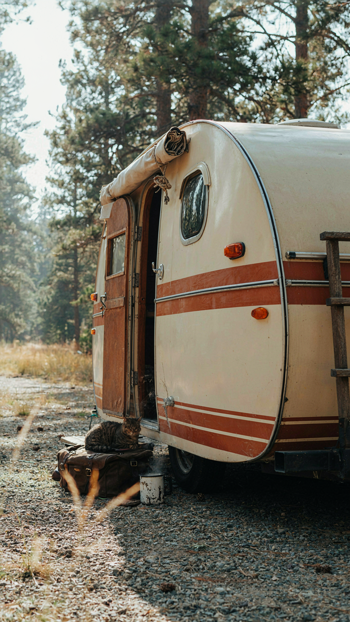 A vintage camper with natural wear and tear, but still usable.