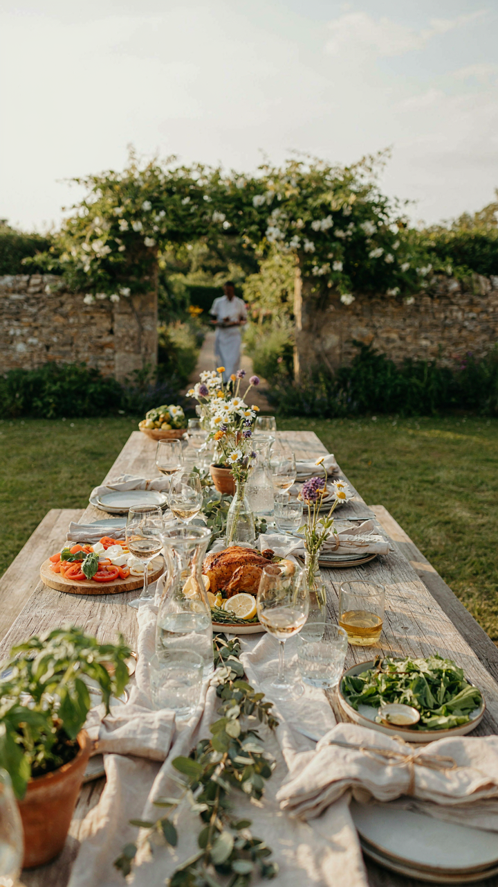 A wide outdoor long table has plenty of space for food and guests.