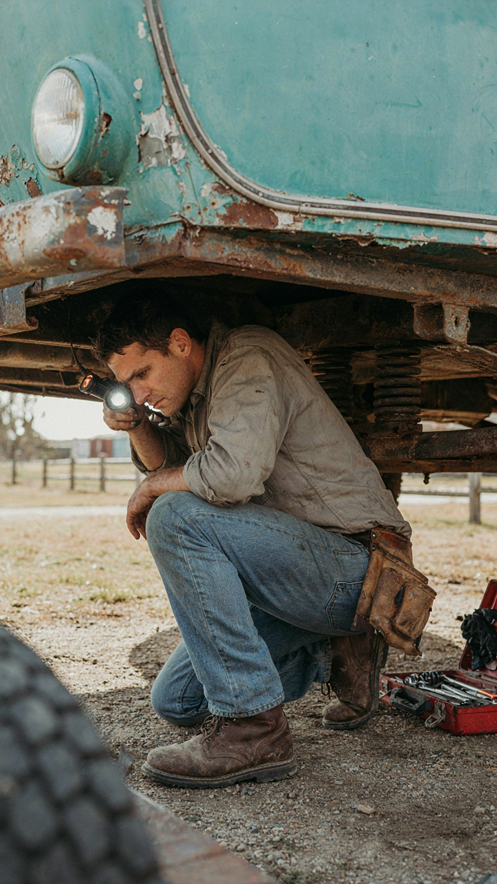A mechanic uses a flashlight to inspect the rusted metal frame of a vintage camper.