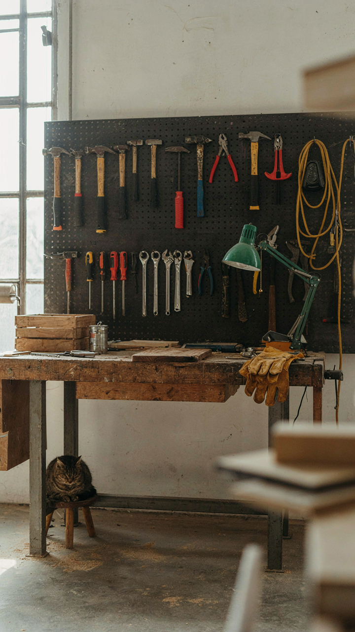 An industrial workshop with organized tools on a pegboard.