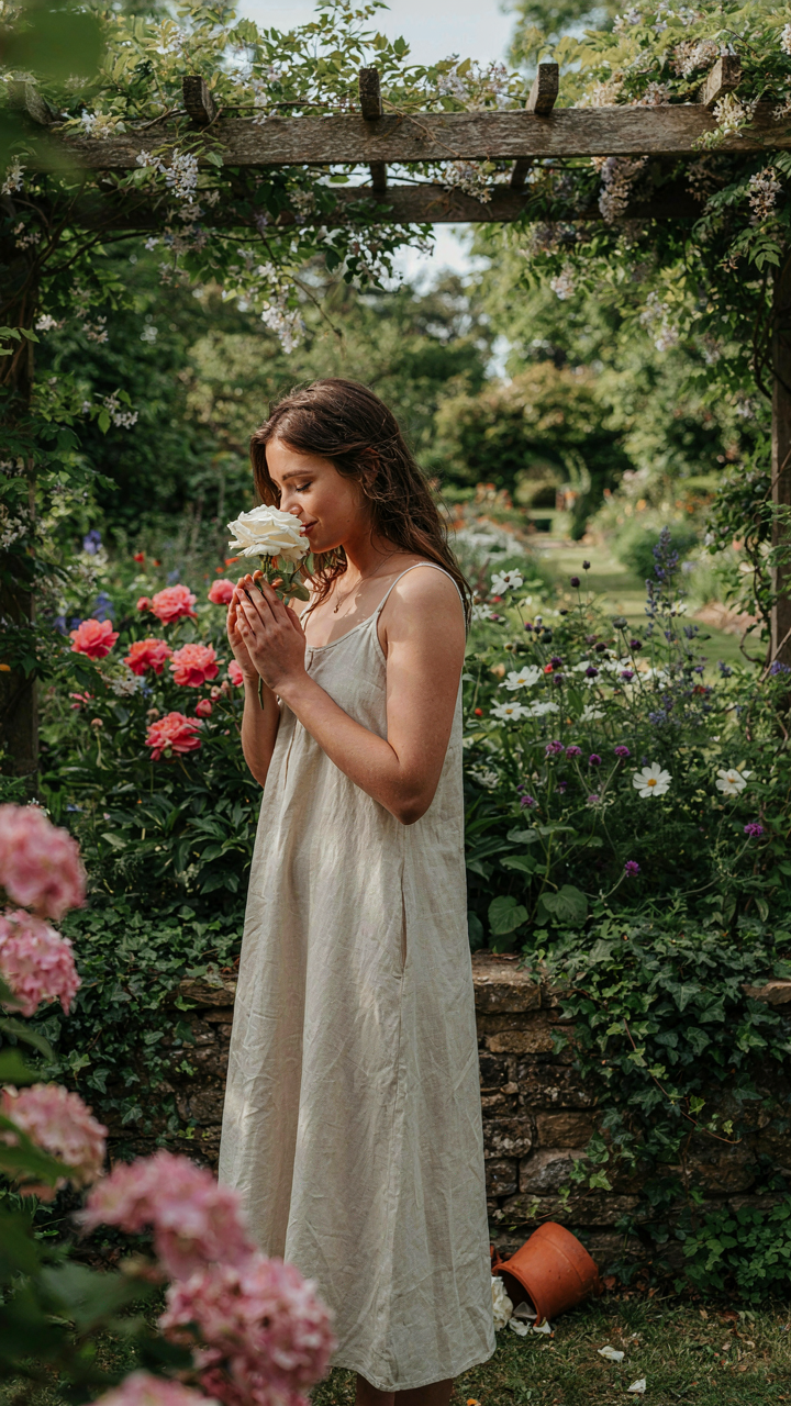 A person smells a flower while soft music plays in a garden.