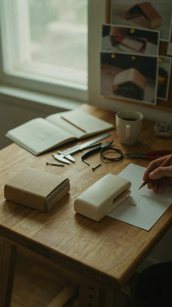 A workbench with various product prototypes, some complete, some rough.