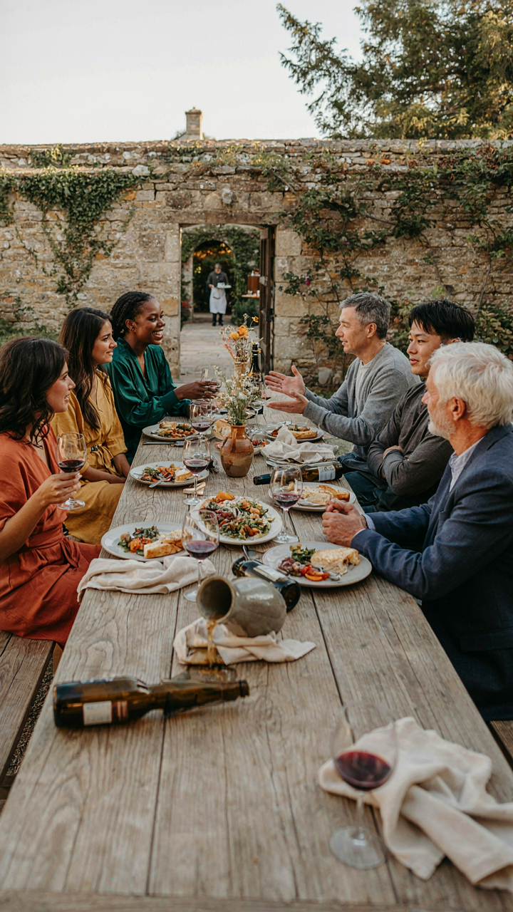 People linger around a long outdoor table, enjoying conversation after a meal.