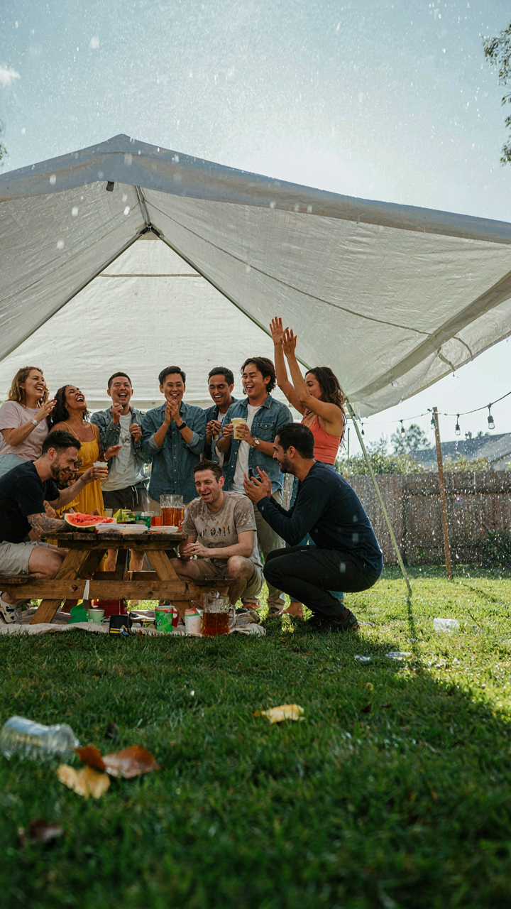 Friends laughing and enjoying a backyard party under a clear tent during a heavy rain.