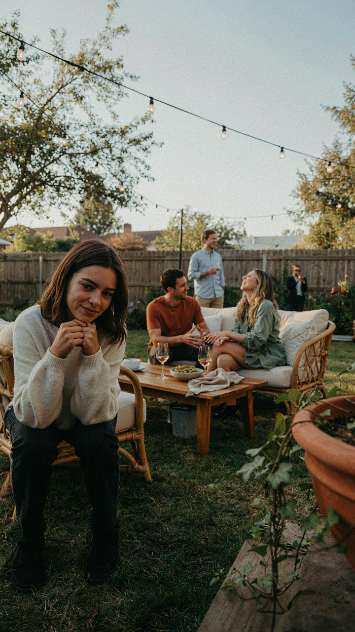 A person at a backyard party looks down, appearing self-conscious.
