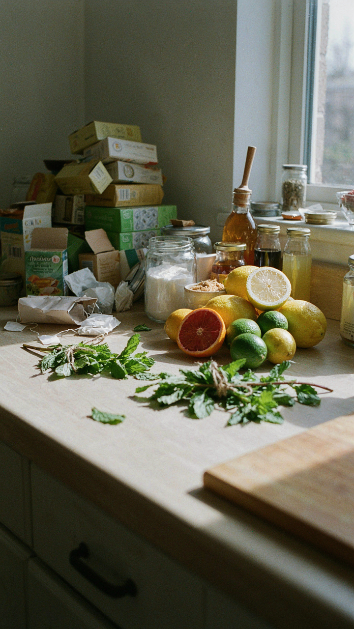 A cluttered kitchen counter with too many tea choices, sweeteners, and garnishes.