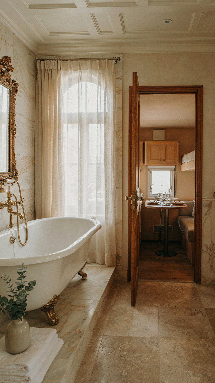A fancy home bathroom contrasts with a peek into a small skoolie interior.