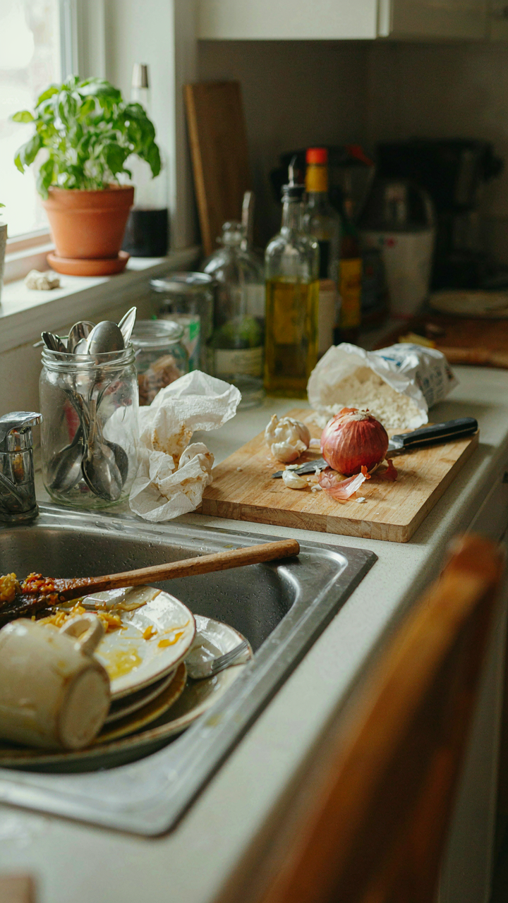 A cluttered kitchen counter with dirty dishes and cooking utensils.