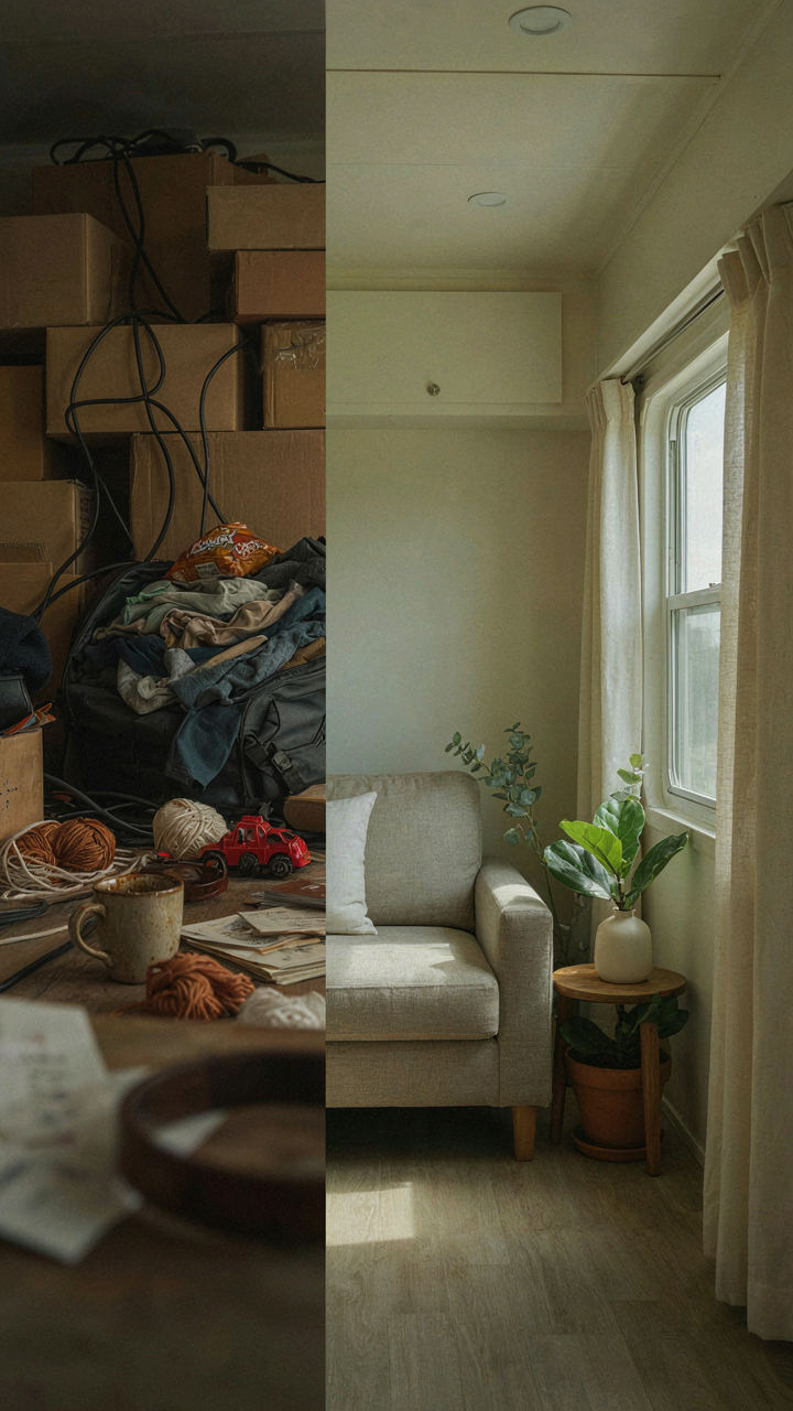 A cluttered RV interior contrasts with a serene, minimalist corner.