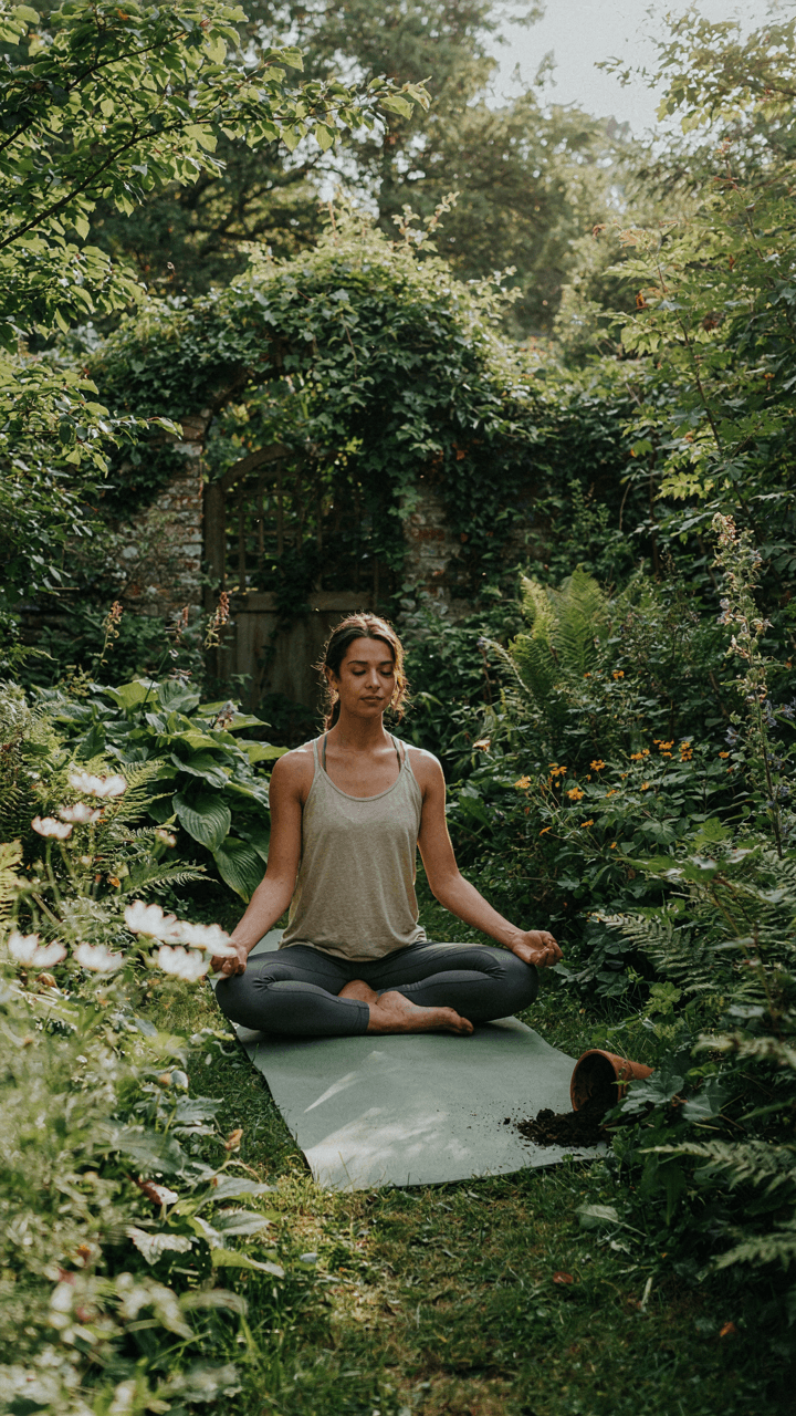 A person meditates peacefully in a quiet, hidden garden spot.