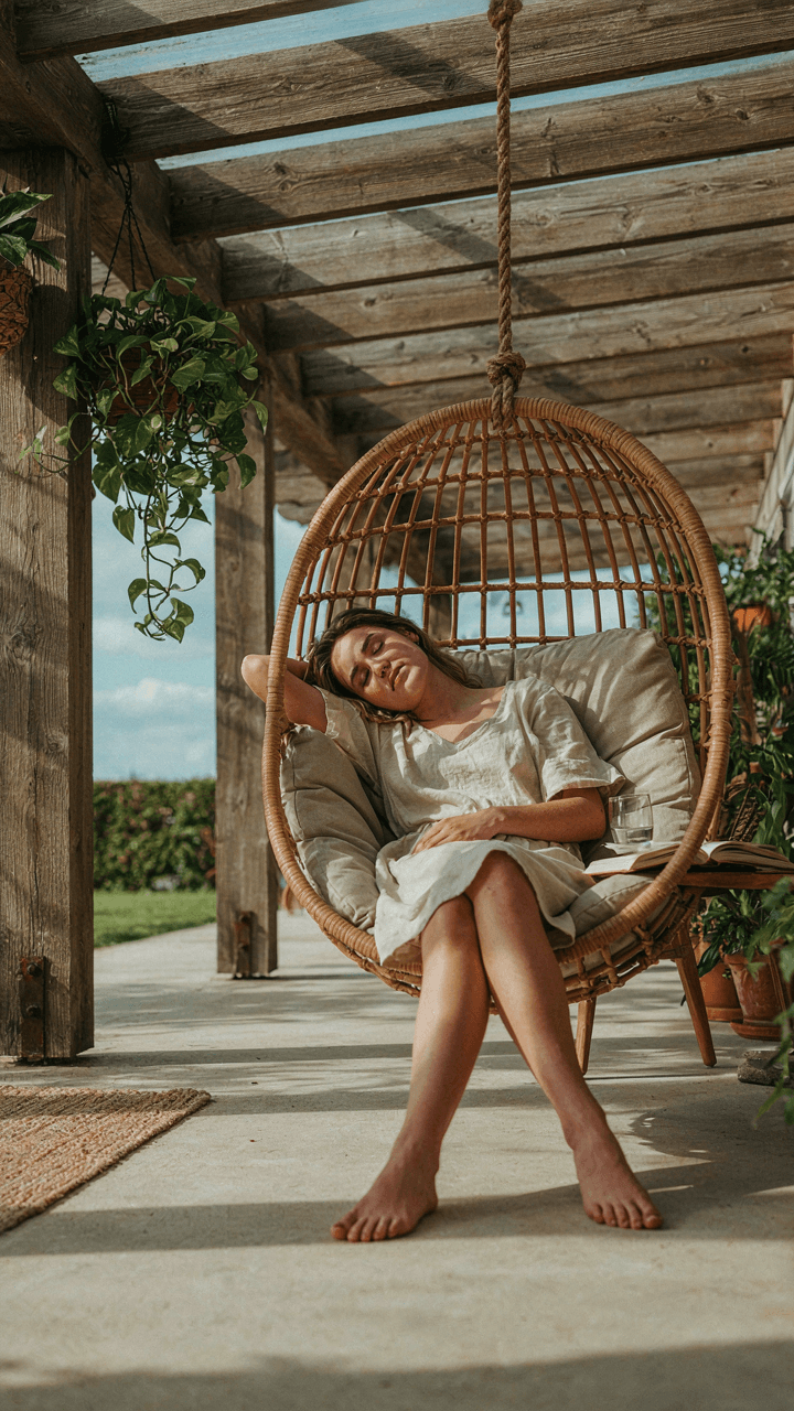 A person napping peacefully in an outdoor egg chair under a shaded pergola.