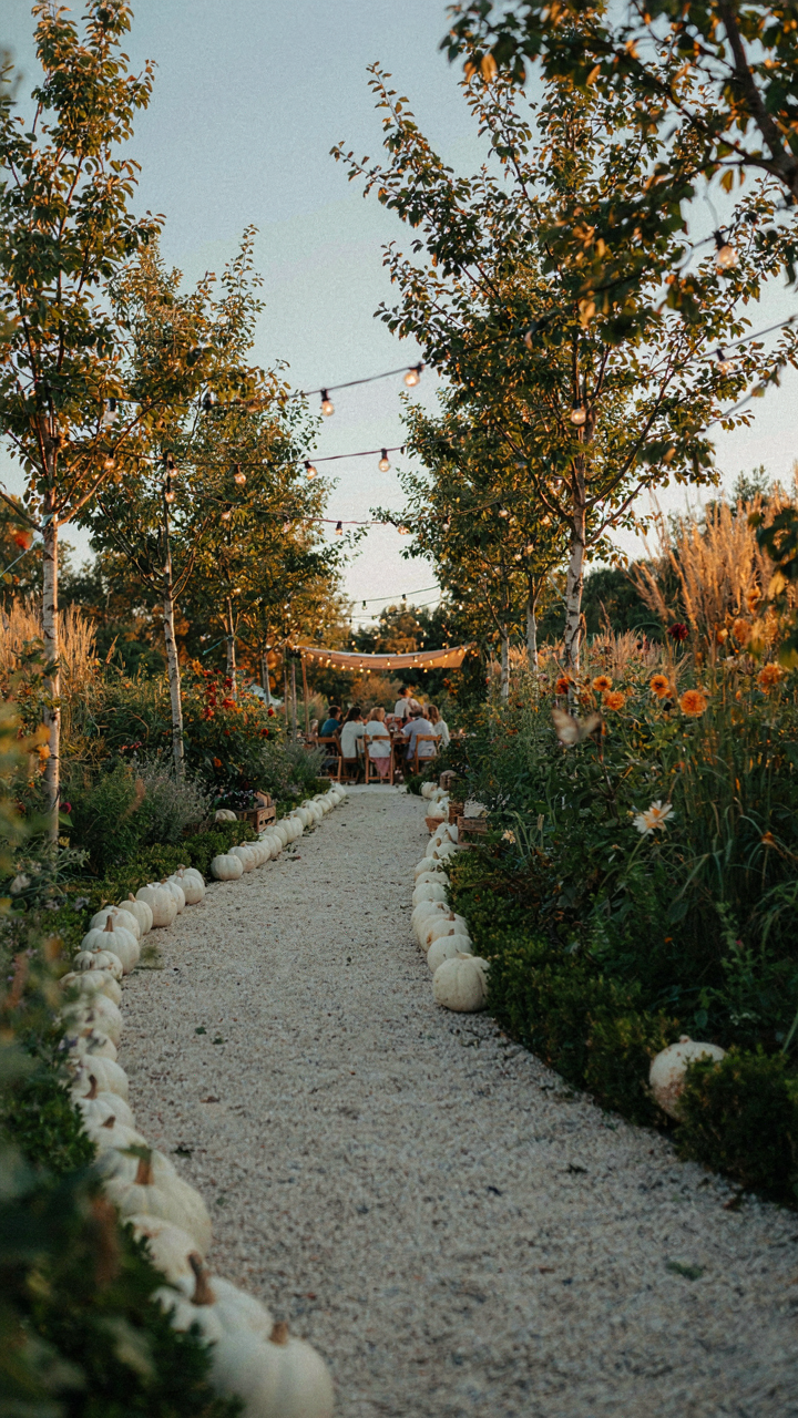 A garden path lined with white pumpkins and lights, showing guest flow.