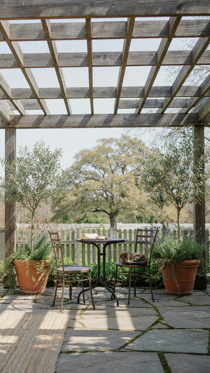 A backyard patio with a pergola overhead creates a sense of enclosure.