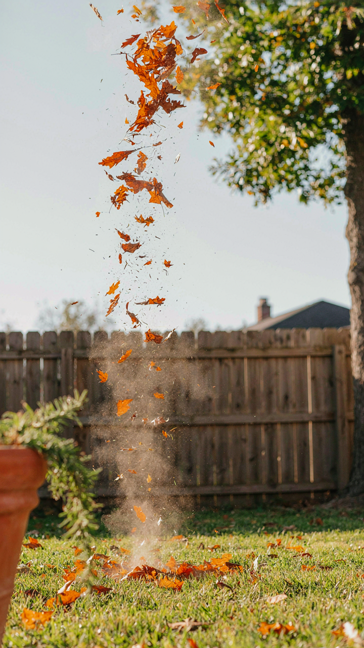 A small swirl of leaves and dust in a backyard.