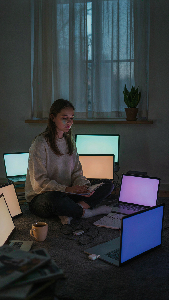 A person is surrounded by many glowing screens showing cloud services.