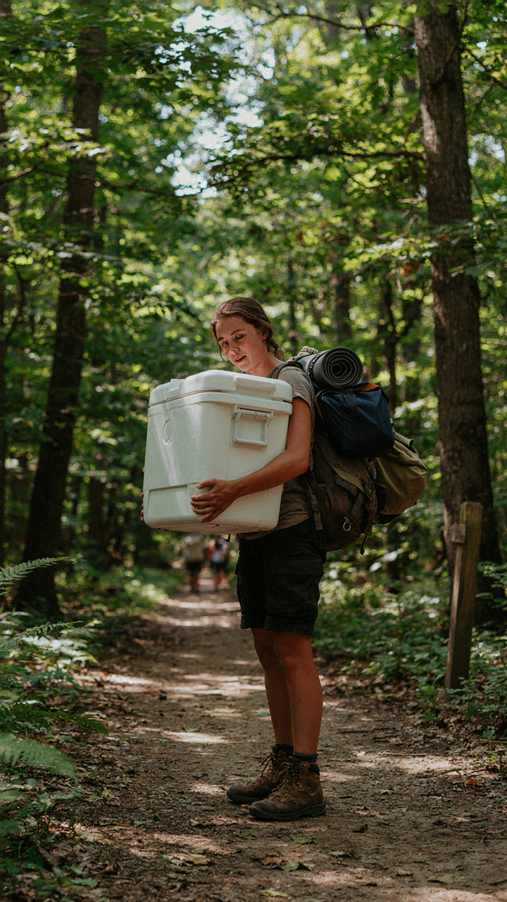 A person struggles to carry a large, heavy cooler and bags through a narrow forest path.
