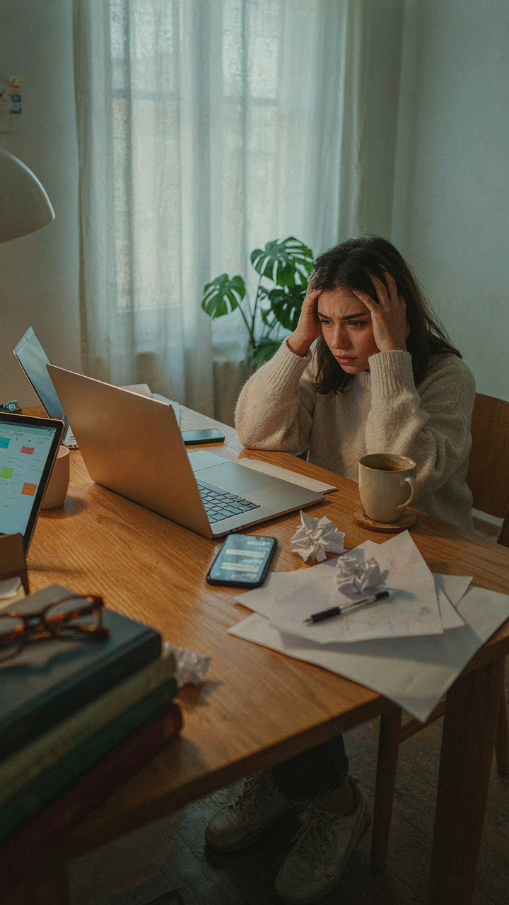 A stressed person surrounded by many open laptop screens and devices.