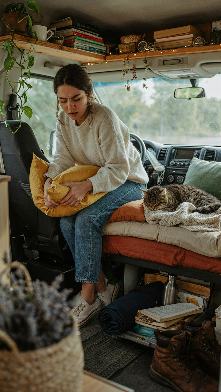 A person looking frustrated, moving a decorative throw pillow in a cluttered van interior.