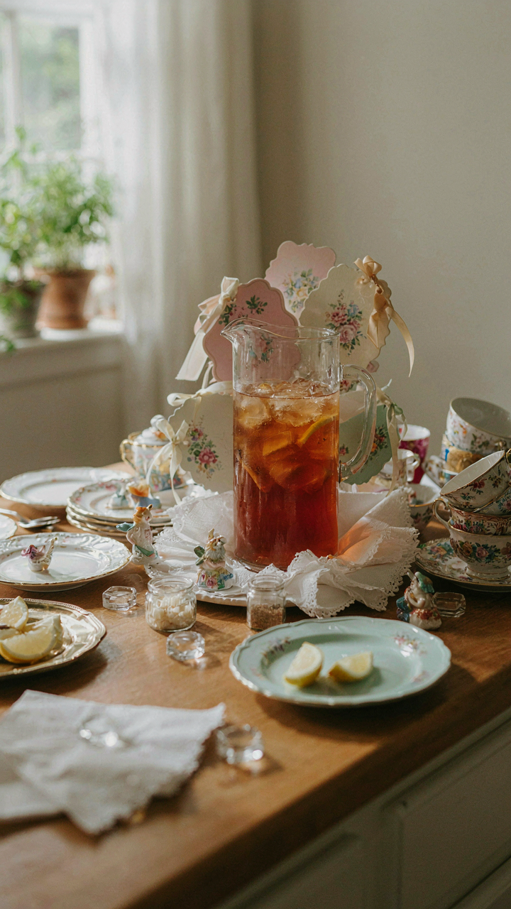 An iced tea bar overloaded with decorative items and small trinkets.