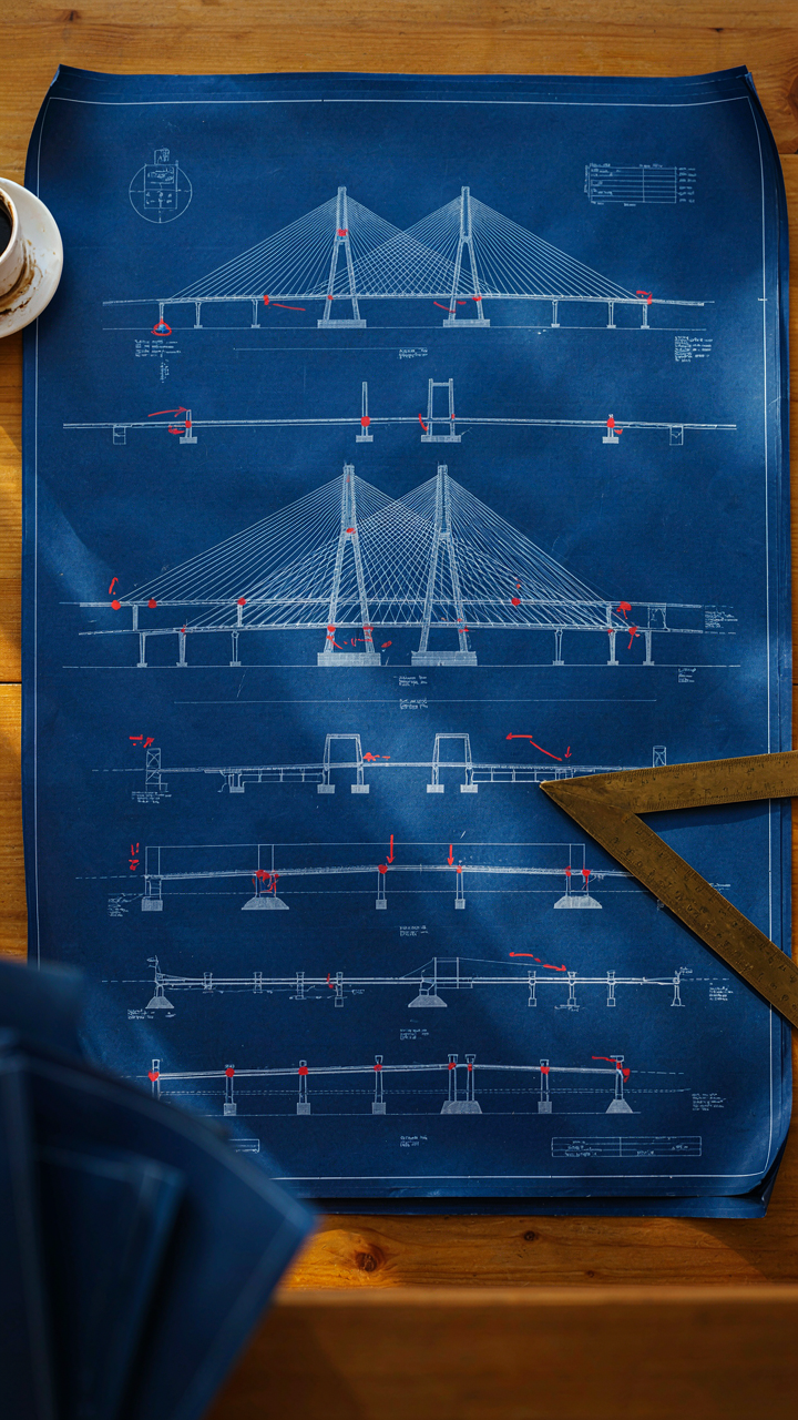 A detailed blueprint shows the structural engineering of a complex bridge.