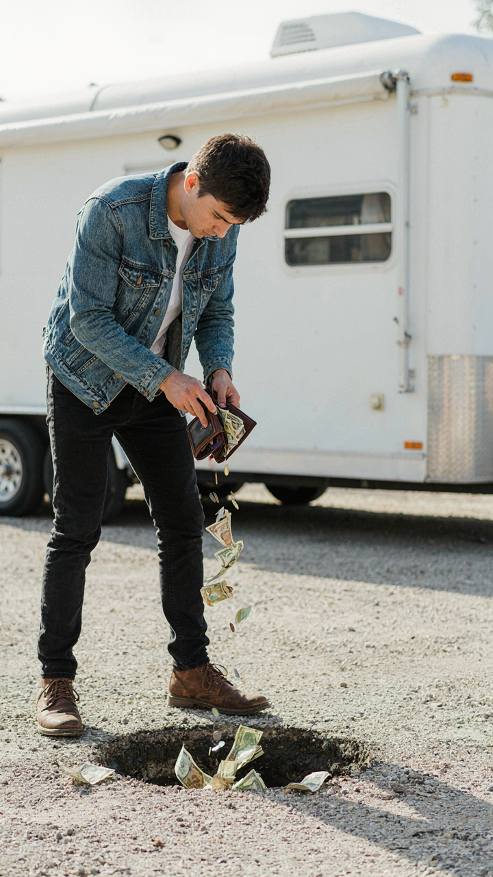A person emptying their wallet into a bottomless pit of unexpected costs.