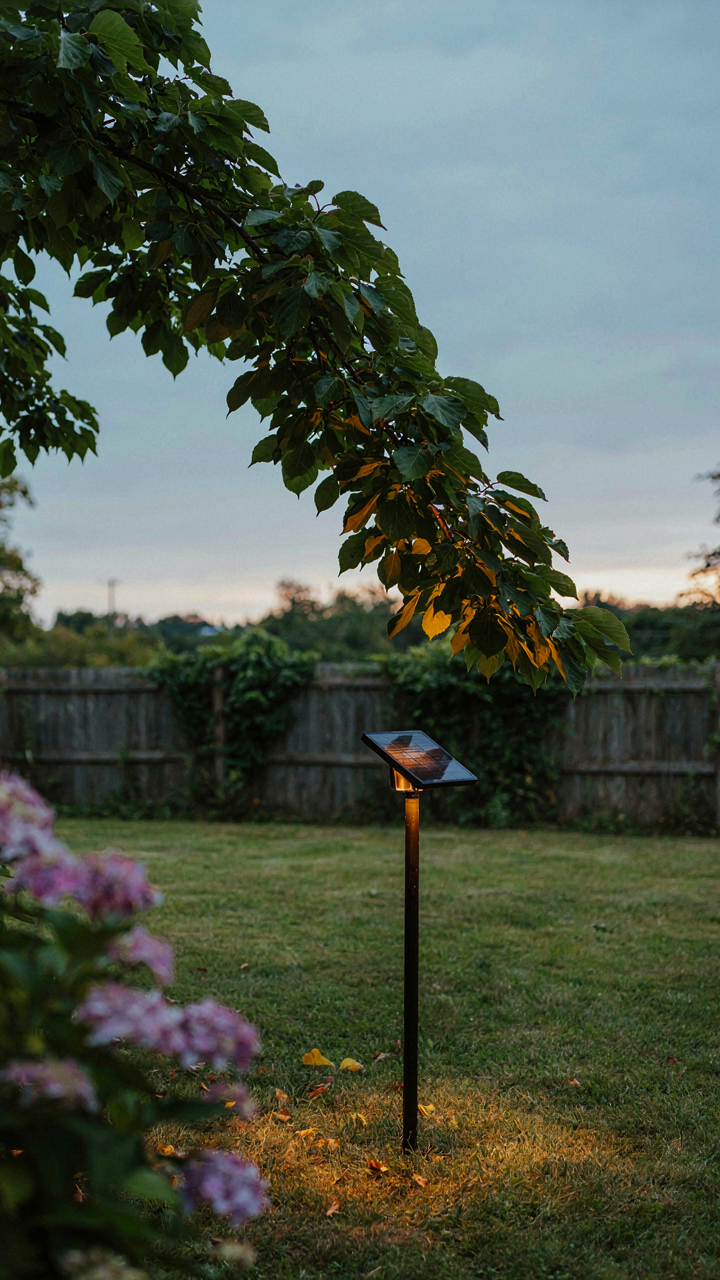 A garden light's solar panel is mostly hidden in a tree's shadow.