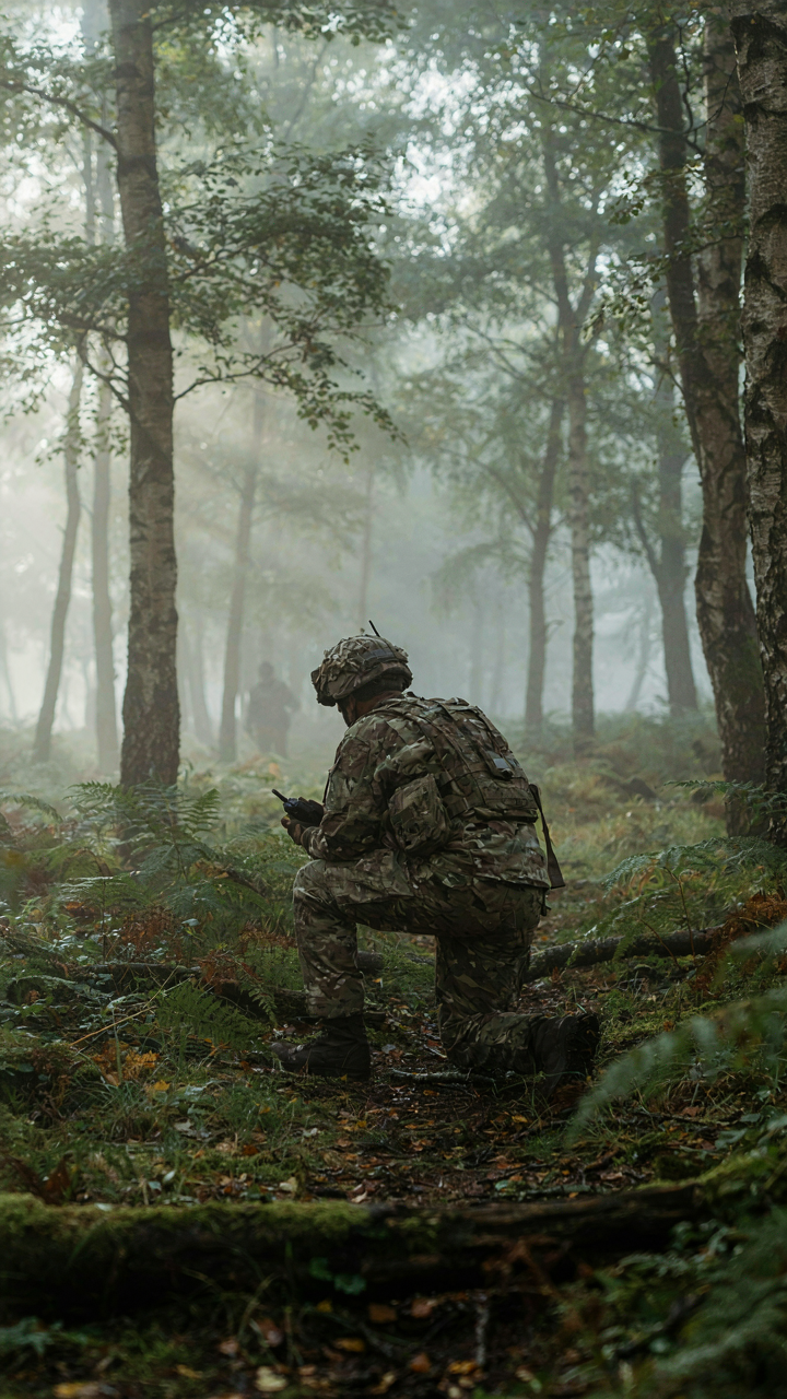 A military scout in camouflage crouches in a misty, dense forest.