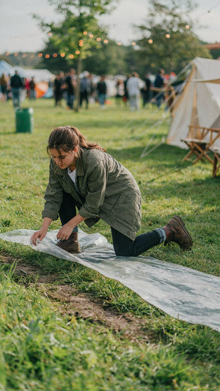 A person carefully places a waterproof ground cover over a slightly muddy patch at a festival.