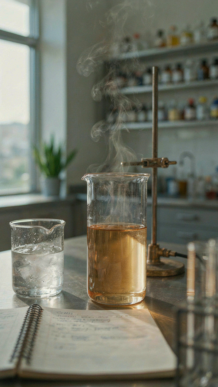 Steam rises from a beaker in a science lab, showing heat transfer.