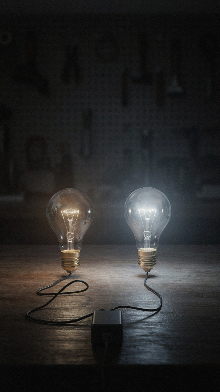 A dim light bulb shows voltage drop from a long, thin wire.