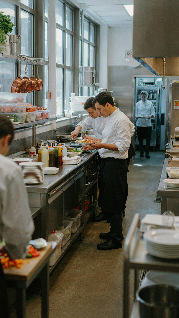 A busy commercial kitchen with chefs working at many organized stations.