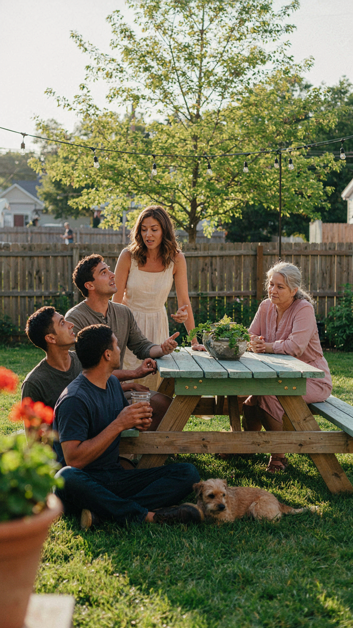 People admiring a newly updated picnic table at a backyard party.