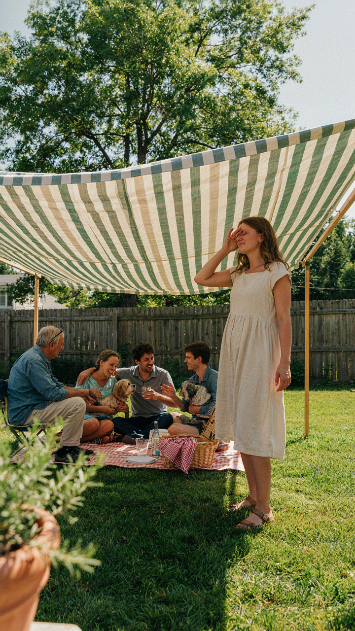 People at an outdoor party, some in shade and others in direct sunlight.