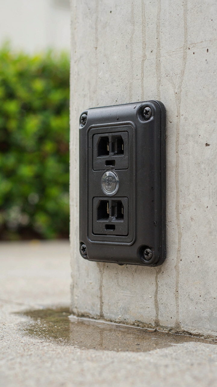 An outdoor electrical outlet cover with an IP rating label.