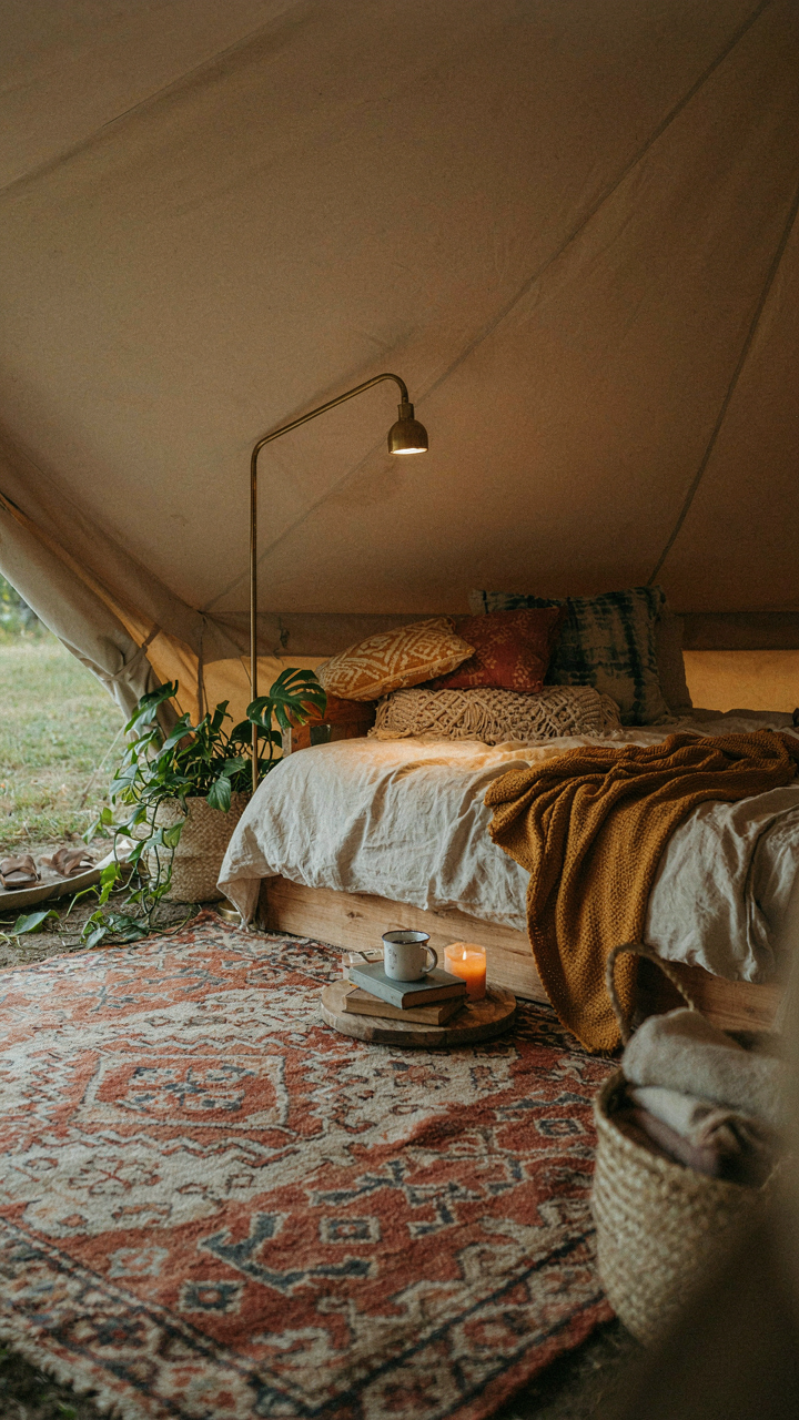 A bohemian tent interior with a patterned tent rug, cushions, and plants.