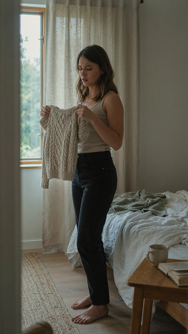 A person thoughtfully looks at a single item, deciding to keep it.