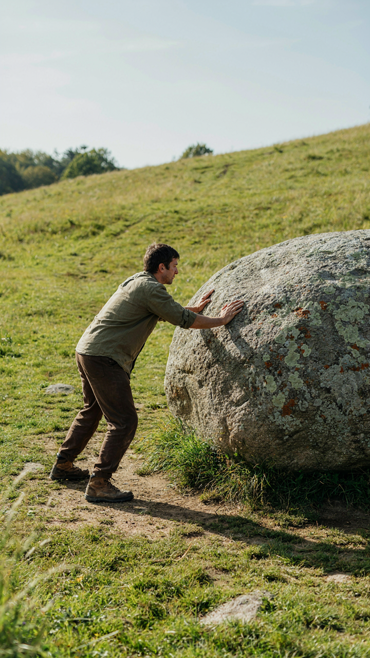 A person strains to push a very large boulder up a small hill.