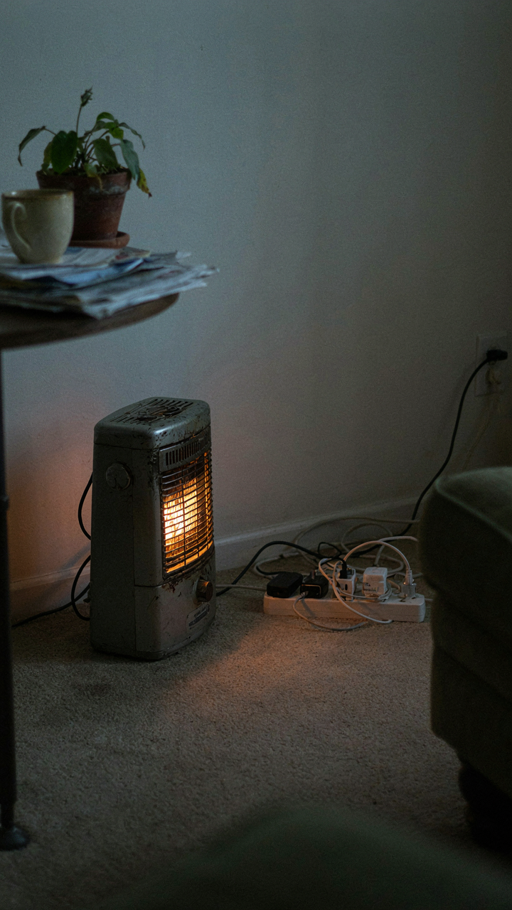 A cheap, old space heater with a frayed cord plugged into an overloaded power strip.