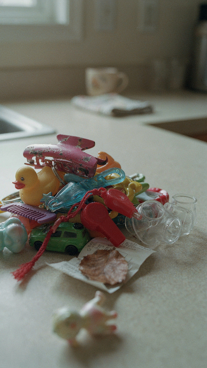 A pile of generic plastic trinkets is about to be thrown away.