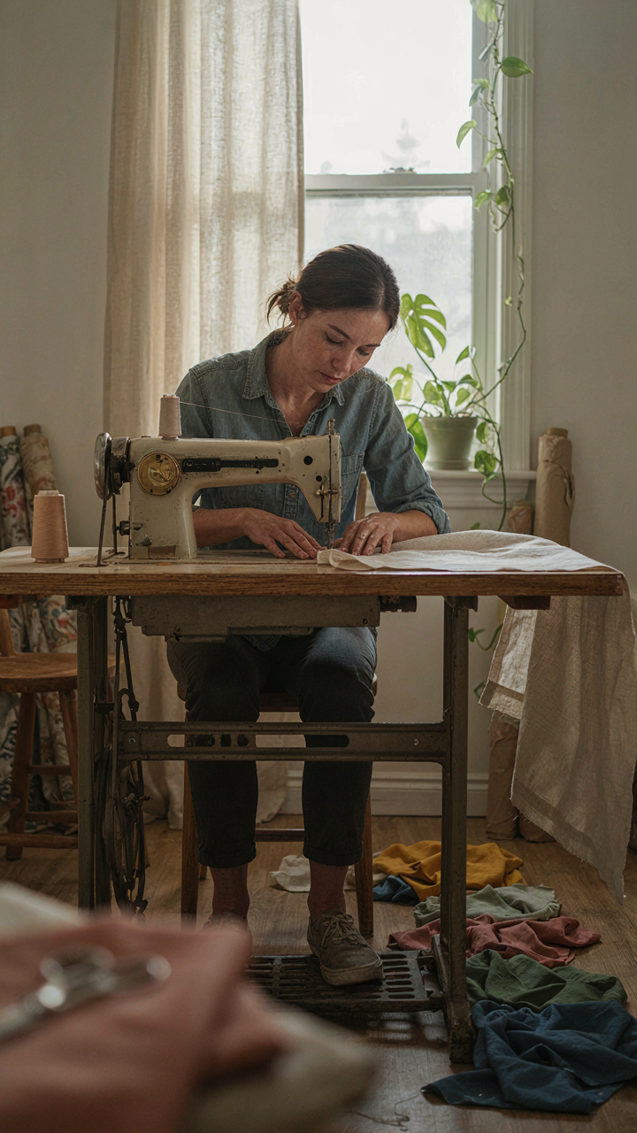 A tired person sits at a sewing machine with fabric scraps and a curtain.