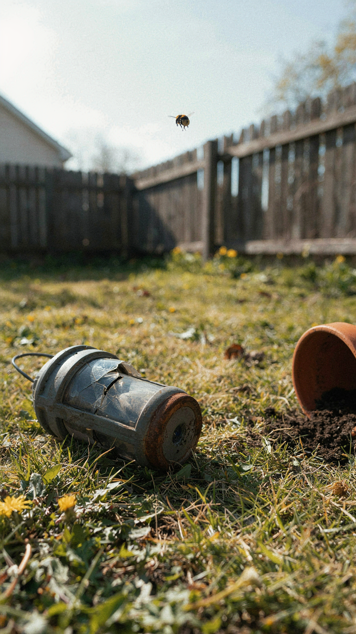 A broken, rusted solar lantern lies unused in a garden.