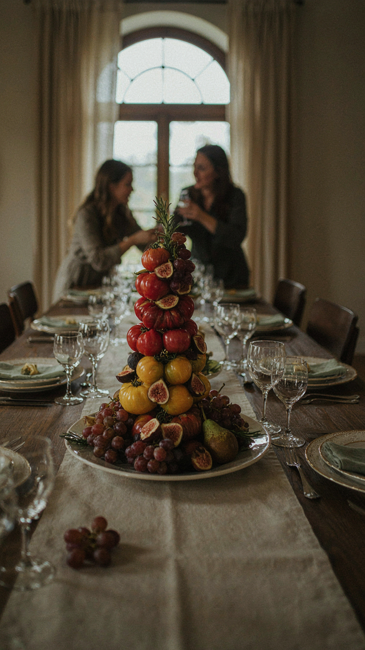 An edible centerpiece on a formal dining table, admired by guests.
