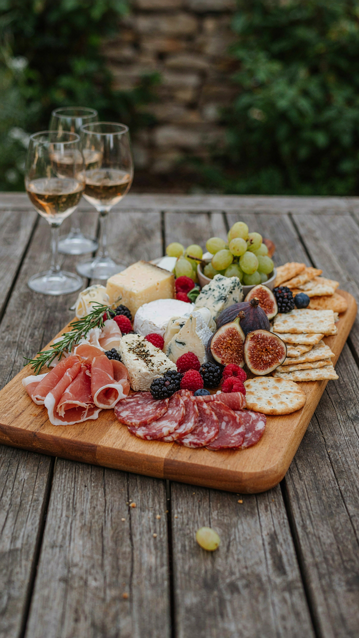 A charcuterie board with meats and cheeses sits on an outdoor table.