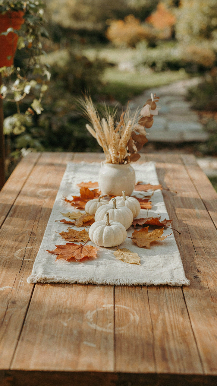 A close up of an elegant fall outdoor tablescape with white pumpkins and dried leaves.
