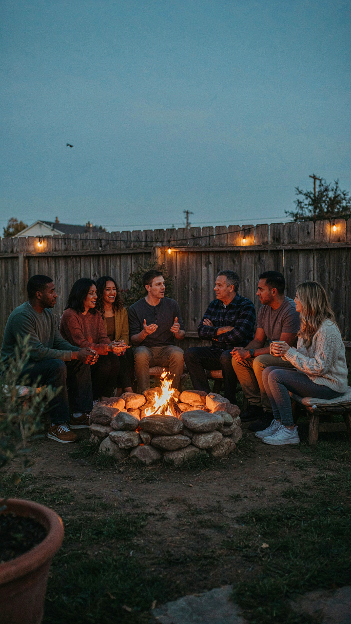 A small group of adults talks around a cozy fire pit.