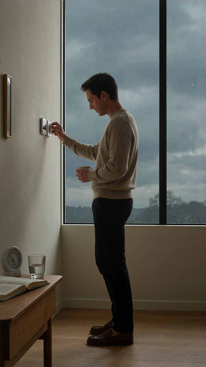A person adjusts a thermostat in a climate controlled room.