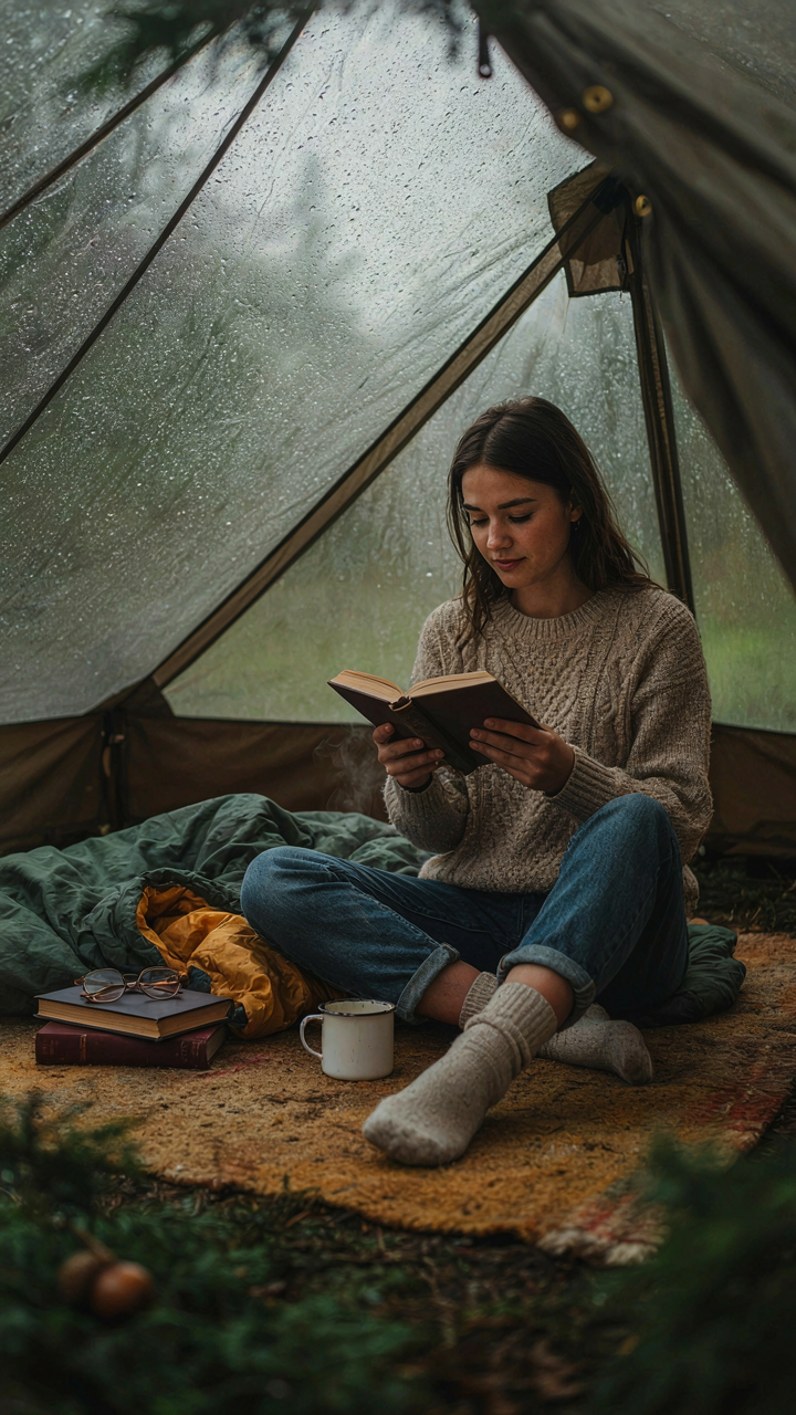 A person reads comfortably inside a tent during a rainy day camping trip.