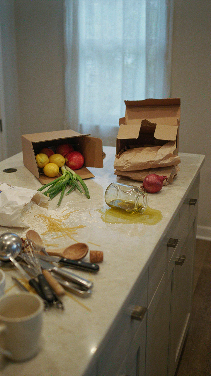 A messy kitchen counter with scattered ingredients shows logistics collapsing.