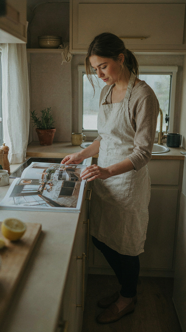 A person organizes a small van kitchen, looking at a magazine with a large kitchen.
